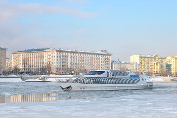 City cruise ship, ice on the river, winter river navigation