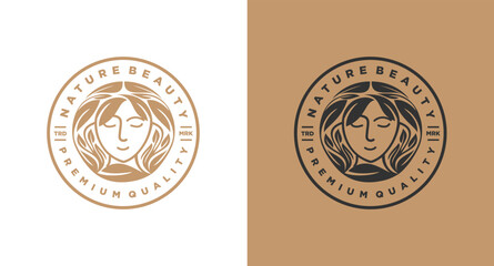Beauty Woman Logo design with circle nature leaf badge