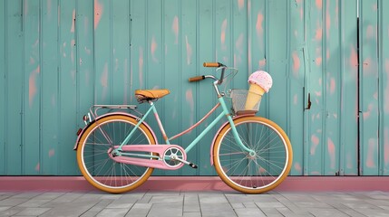 Vintage Bicycle with Ice Cream Cone in Basket Against Teal Wooden Background