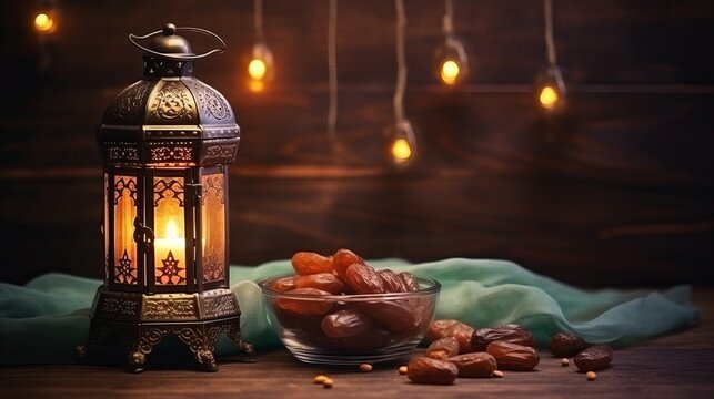 Dates, arabian lantern and rosary. Islamic holidays concept. Ramadan decoration. Retro style toned picture