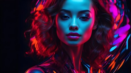 AI-generated image of a stunning woman's face separated against a black background and enhanced with vivid neon hues