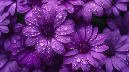 Schilderijen op glas Purple Daisy Flowers with Water Droplets Close-Up © HappyKris