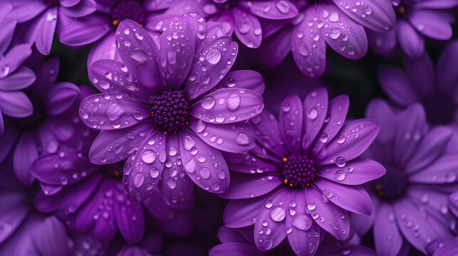Purple Daisy Flowers with Water Droplets Close-Up