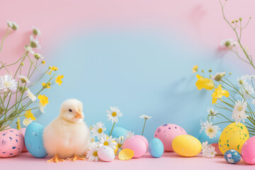 Easter composition with little cute baby chick and colorful spring flowers and eggs on blue-pink backgrund. Copy space.