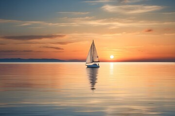 A sailboat on a calm sea at sunset with a sky of orange, pink, and blue.