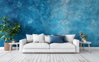 Fototapeta premium White sofa against vibrant blue textured wall with lush green plants. Serenity meets style in this space.