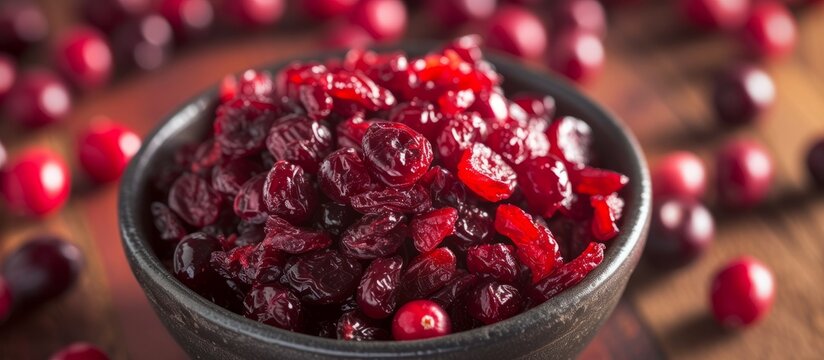 Aromatic bowl of dried cranberries, healthy fruit snacks high in antioxidants and fiber