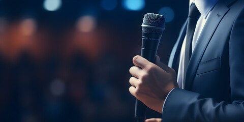 CEO giving a confident speech mic in hand under a blue spotlight. Concept Leadership, Confidence, Public Speaking, Blue Lighting, Speech