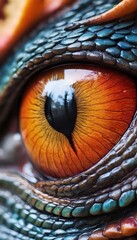 Close-up of Vibrant Dragon Eye. Detailed macro shot of a colorful dragon's eye, capturing the intricate textures and vivid colors.