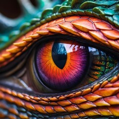 Close-up of Vibrant Dragon Eye. Detailed macro shot of a colorful dragon's eye, capturing the...