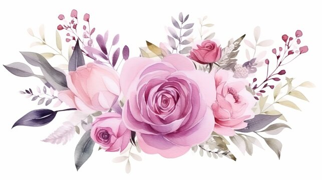 Hand drawn watercolor bouquet with roses, leaves and abstract flowers isolated on a white background. Flowers and plants. Perfect for wedding, holidays, invitation, birthday