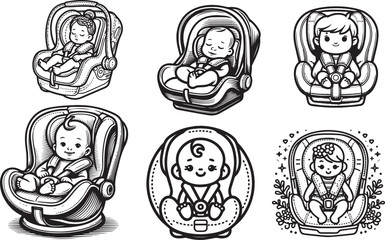 Baby in car seat vector set. Vector illustration safety chair on without background. Isolated black and white  set baby car seat.