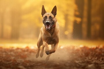 Joyful Canine Banner: A Beloved Dogs Sprint Through Autumns Golden Blissful Haze