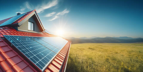 Solar panel on roof of a house. Background with copy space. Banner