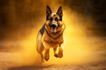 Energetic German Shepherd Leaping Joyfully: A Banner of Canine Agility in Golden Dust