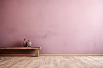 A mock up of a mauve wall background with natural wood floor and a wooden bench - obrazy, fototapety, plakaty