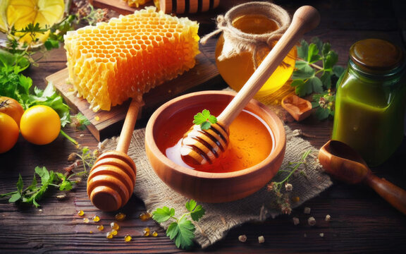 Assortment of honey products: honeycombs, nuts in honey, beeswax in table. Healthy organic honey dipping in jar, closeup. Honey pouring in glass bowl