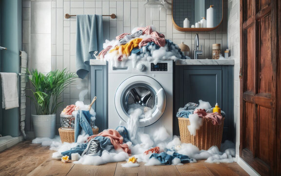 Soap coming out from broken washing machine. Broken laundry washer with foam