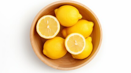 Lemon half in wooden bowl. Freshly cut ripe yellow edible citrus fruit. Citrus limon. Lemon juice is used for culinary purposes and for cleaning. Close up, from above, over white, isolated food photo