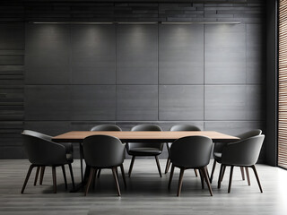 An empty modern conference room design with chairs and a desk surrounded design by a dark cement wall design.