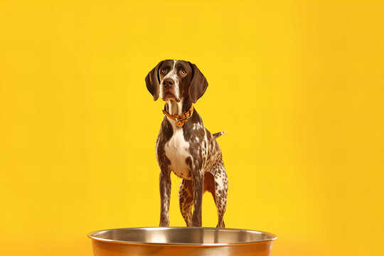 Captivating Canine on Yellow: A Banner Image Showcasing a Dogs Patience During Mealtime Preparation