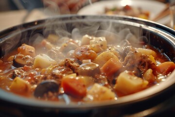 Steaming Hot Beef Stew - Aromatic beef stew with vegetables simmering in a pot, ideal for a warming meal