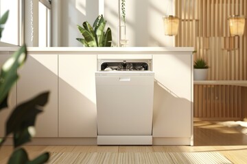 Integrated Dishwasher in Modern Kitchen - A built-in dishwasher seamlessly integrated into a contemporary kitchen setting