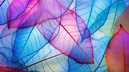 Macro leaves background texture blue, turquoise, pink color. Transparent skeleton leaves. Bright expressive colorful beautiful artistic image of nature