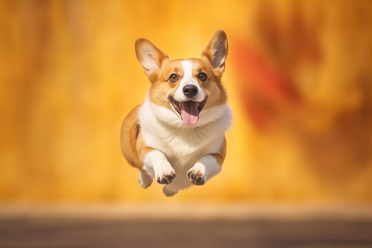 Joyful Corgi Catching Air: A Banner Image Bursting with Happiness and Autumn Warmth