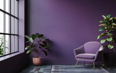 A vibrant purple lounge with modern furniture and lush indoor plants.