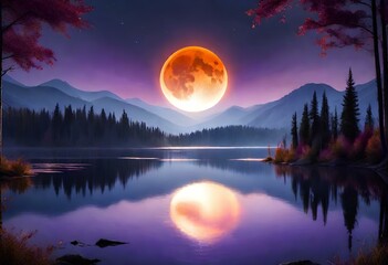 Night landscape. A huge mystical full moon over the lake is reflected in the purple water. Blooming cherry blossoms and mountains in the style of fantasy and minimalism. - obrazy, fototapety, plakaty