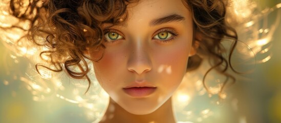 Captivating portrait of a woman with stunning curly hair and mesmerizing green eyes