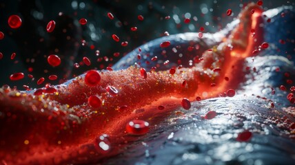 Arterial Red Blood Cell Stream - A depiction of red blood cells streaming through an artery, crucial for physiology and medical research