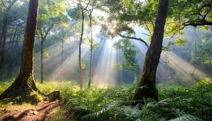Naklejka na ściany i meble morning in the forest with sun rays green trees