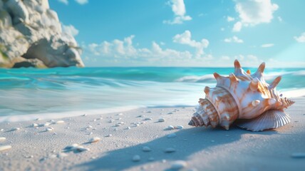 Fototapeta na wymiar Seashell on Pristine Beach - A beautiful shell resting on sandy shores with turquoise waters in the background.
