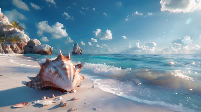 Morning Light on Seashell Shore - Early morning sunshine illuminating a seashell on a quiet beach.