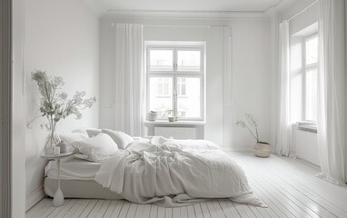 Fototapeta na wymiar Airy white bedroom blending natural elements and textures for a tranquil retreat.