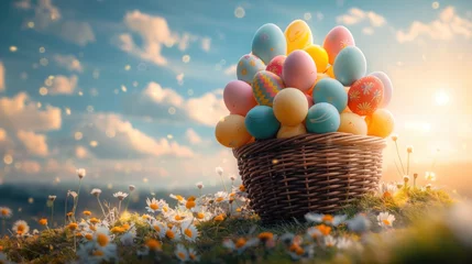 Fotobehang Cesto grande com ovos de páscoa coloridos em um campo aberto com flores e margaridas © Dudarte