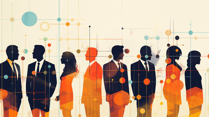 Networking representado por ilustraciones de personas, trabajadores de empresas, conectadas por lineas 
 - obrazy, fototapety, plakaty