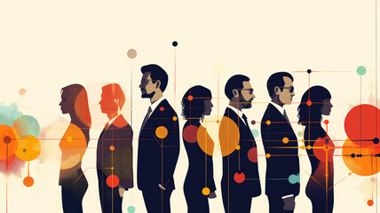 Networking representado por ilustraciones de personas, trabajadores de empresas, conectadas por lineas 
 - obrazy, fototapety, plakaty
