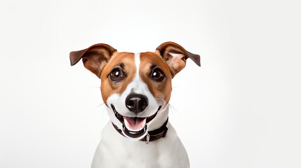 Smiling Jack Russel terrier dog. Pleased dog with big nose on white background. Studio shot