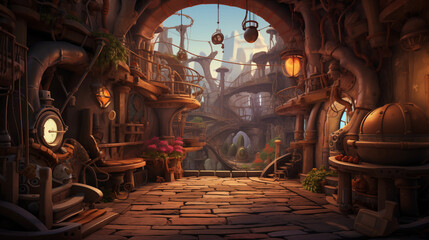 Mystical steampunk interior with cobbled floors, whimsical gadgets, and warm ambient lighting - obrazy, fototapety, plakaty