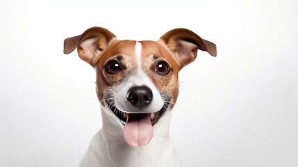 Smiling Jack Russel terrier dog. Pleased dog with big nose on white background. Studio shot