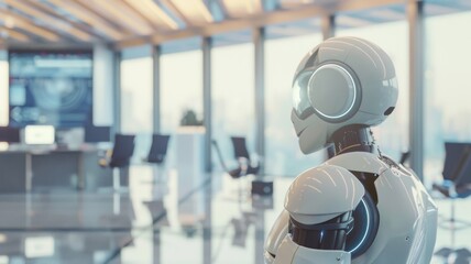 Futuristic AI in Office - Advanced humanoid robot in a modern work environment