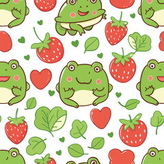 Seamles pattern of cute frog with tiny icon backg