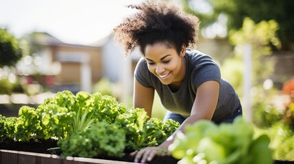 Smiling young woman picking vegetables from raised bed in garden - obrazy, fototapety, plakaty