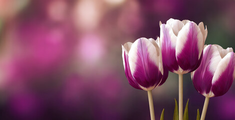 Tulipany, piękne fioletowe wiosenne kwiaty. Puste miejsce