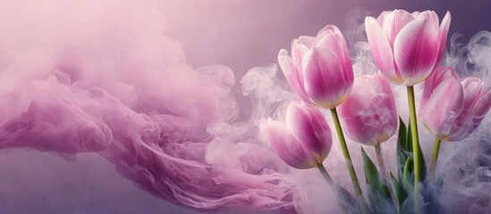 Tulipany ,pastelowe różowe kwiaty w dymie,  abstrakcyjne tło kwiatowe. Puste miejsce
