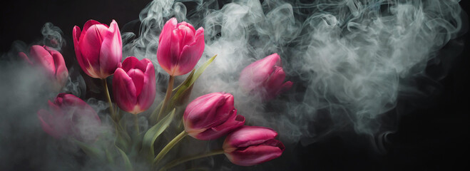 Tulipany , fioletowe kwiaty w dymie,  abstrakcyjne tło kwiatowe - obrazy, fototapety, plakaty