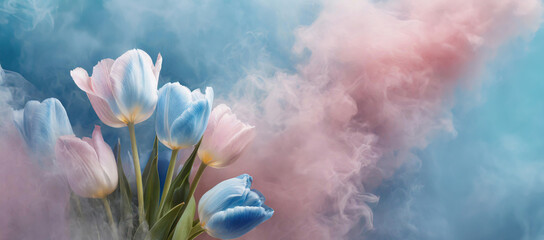 Pastelowe kwiaty, niebieskie i różowe tulipany,  abstrakcyjne tło kwiatowe